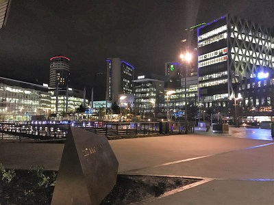 Photograph of MediaCityUk, Salford, at night